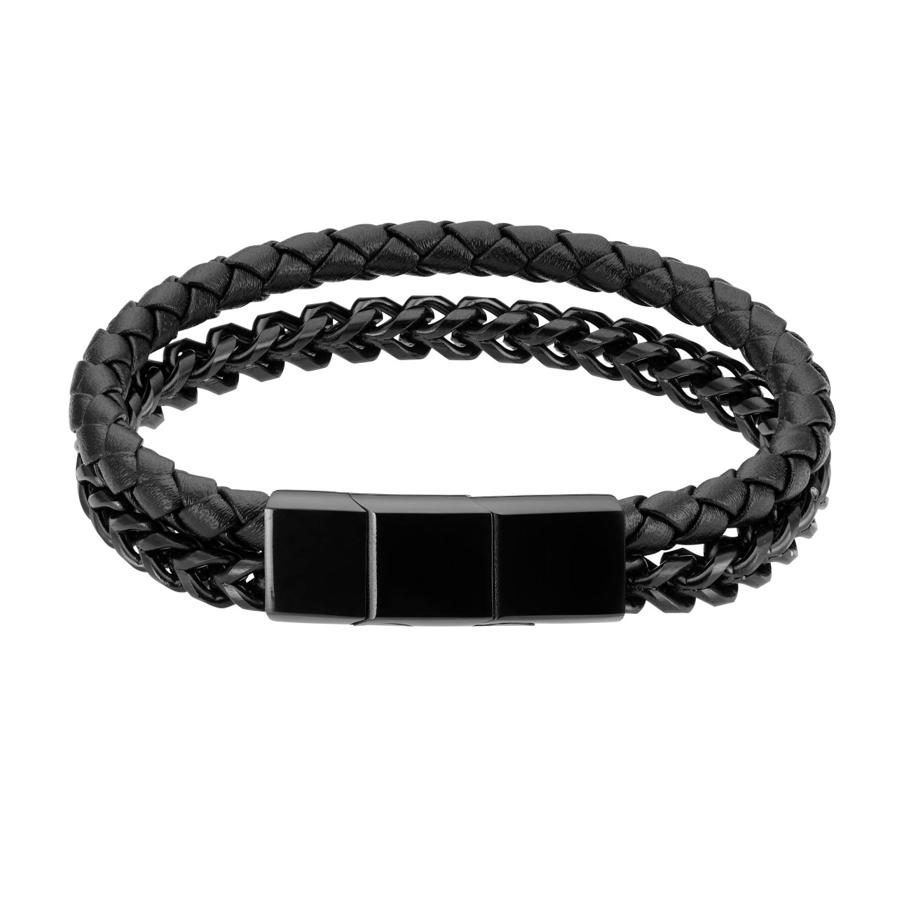 Strikingly playful men's bracelet with dark stainless steel and leather