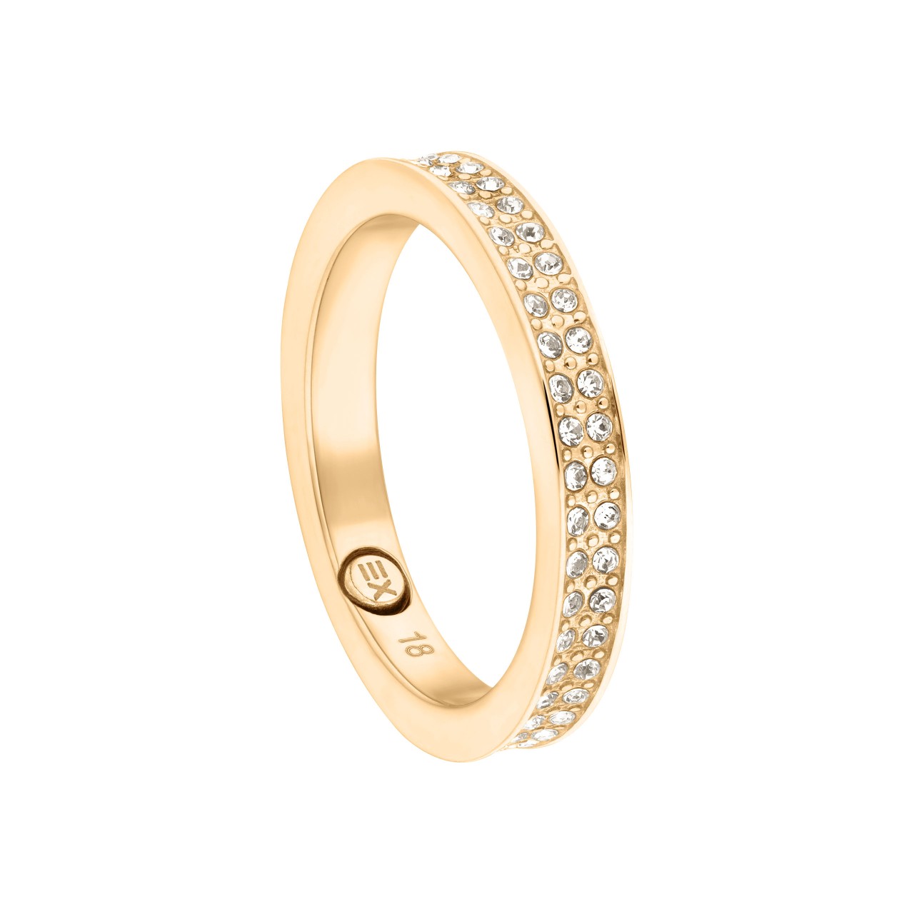 Narrow gold-coloured ring with double crystal setting