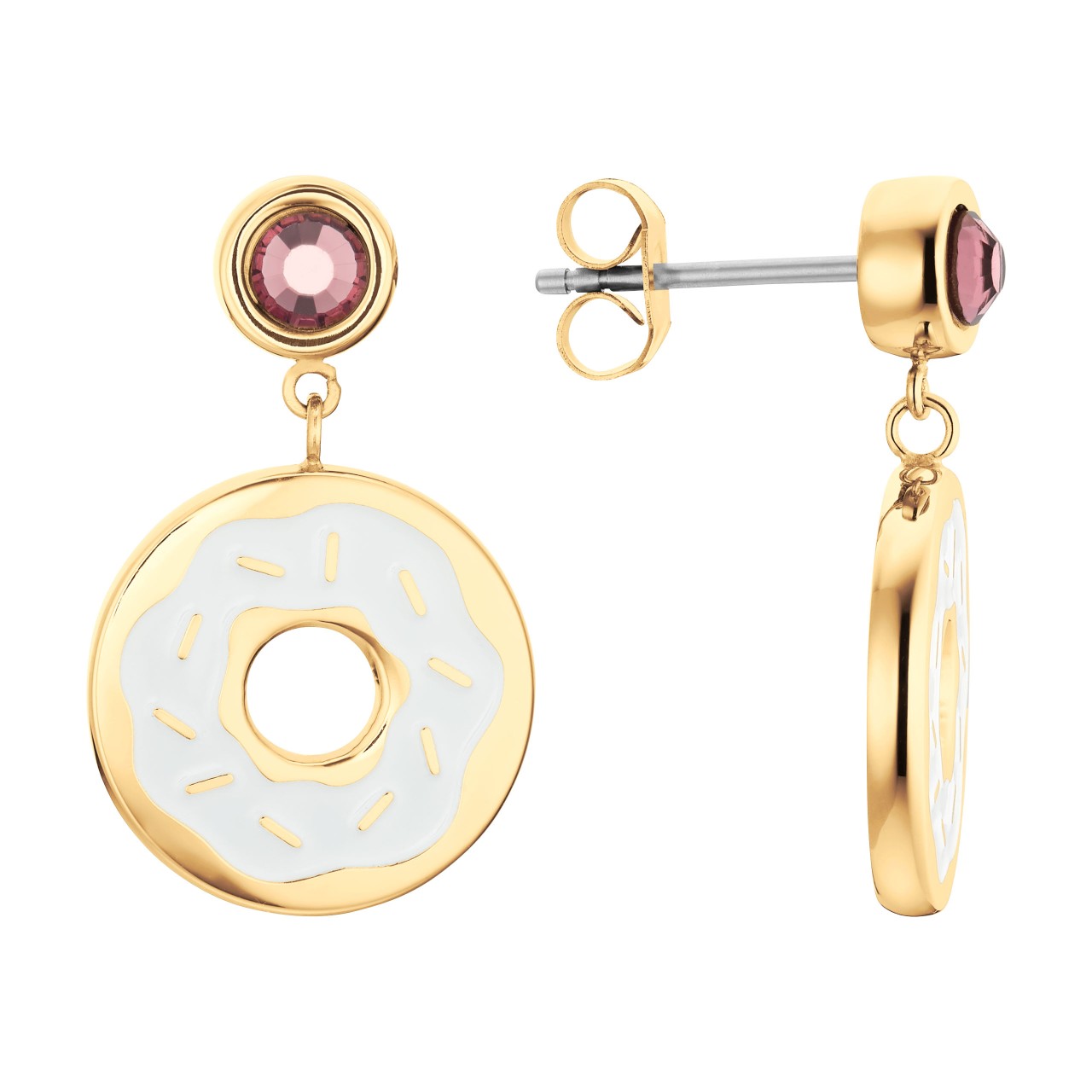 Golden donut earrings with pink crystal