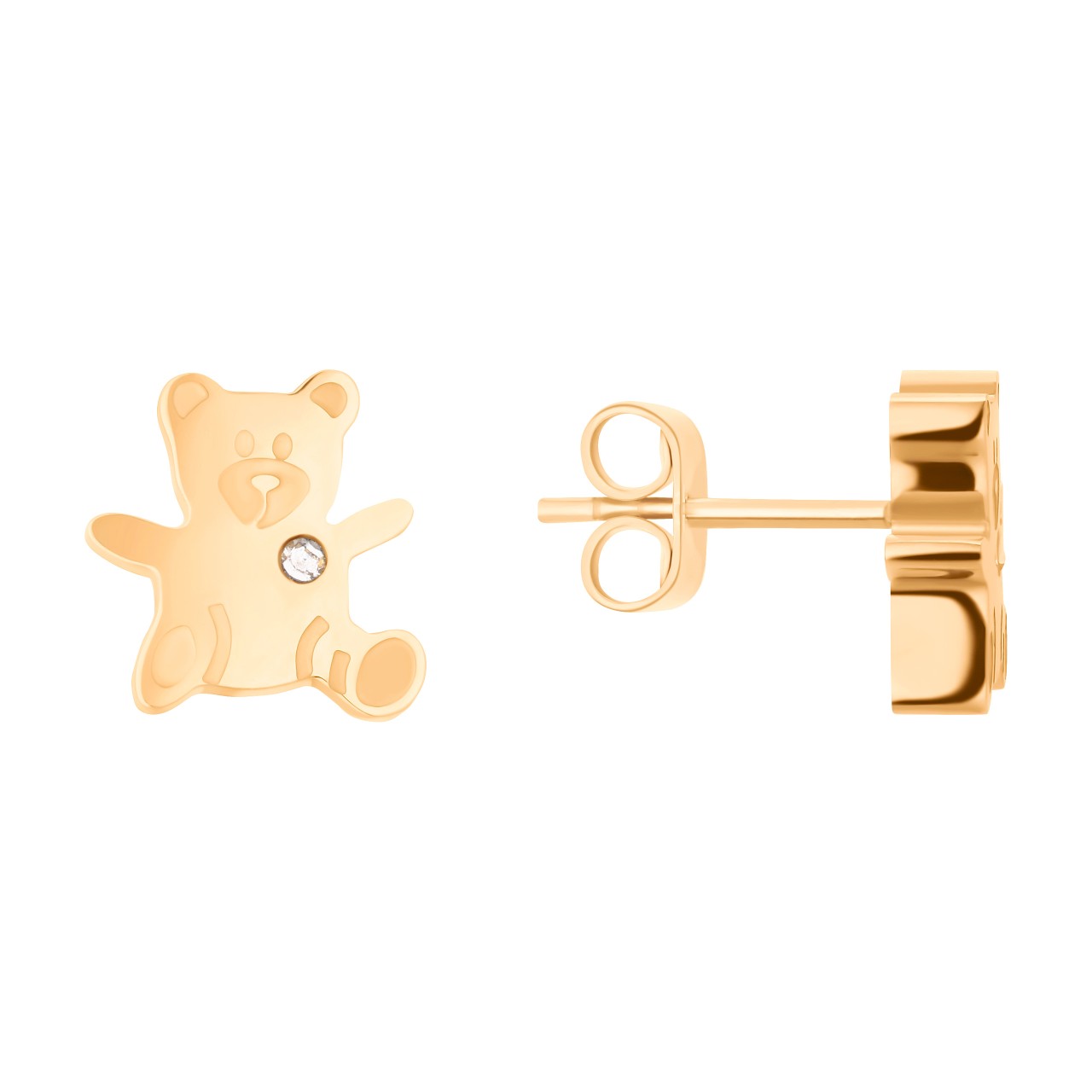 Ear studs in the shape of a little bear in gold with sparkling crystal