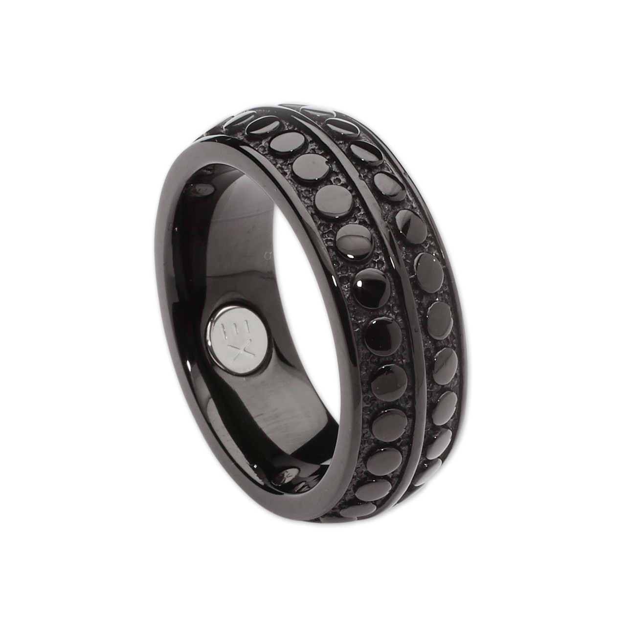 Black stainless-steel ring with graphic pattern